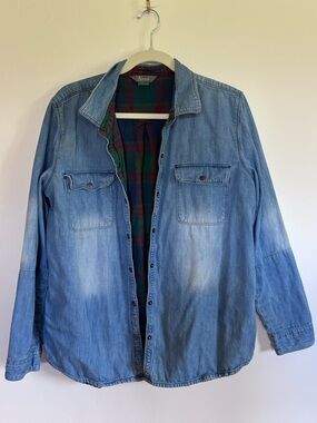 Natural Reflections Chambray Shirt Jacket Plaid Lined 100% Cotton L Heritage